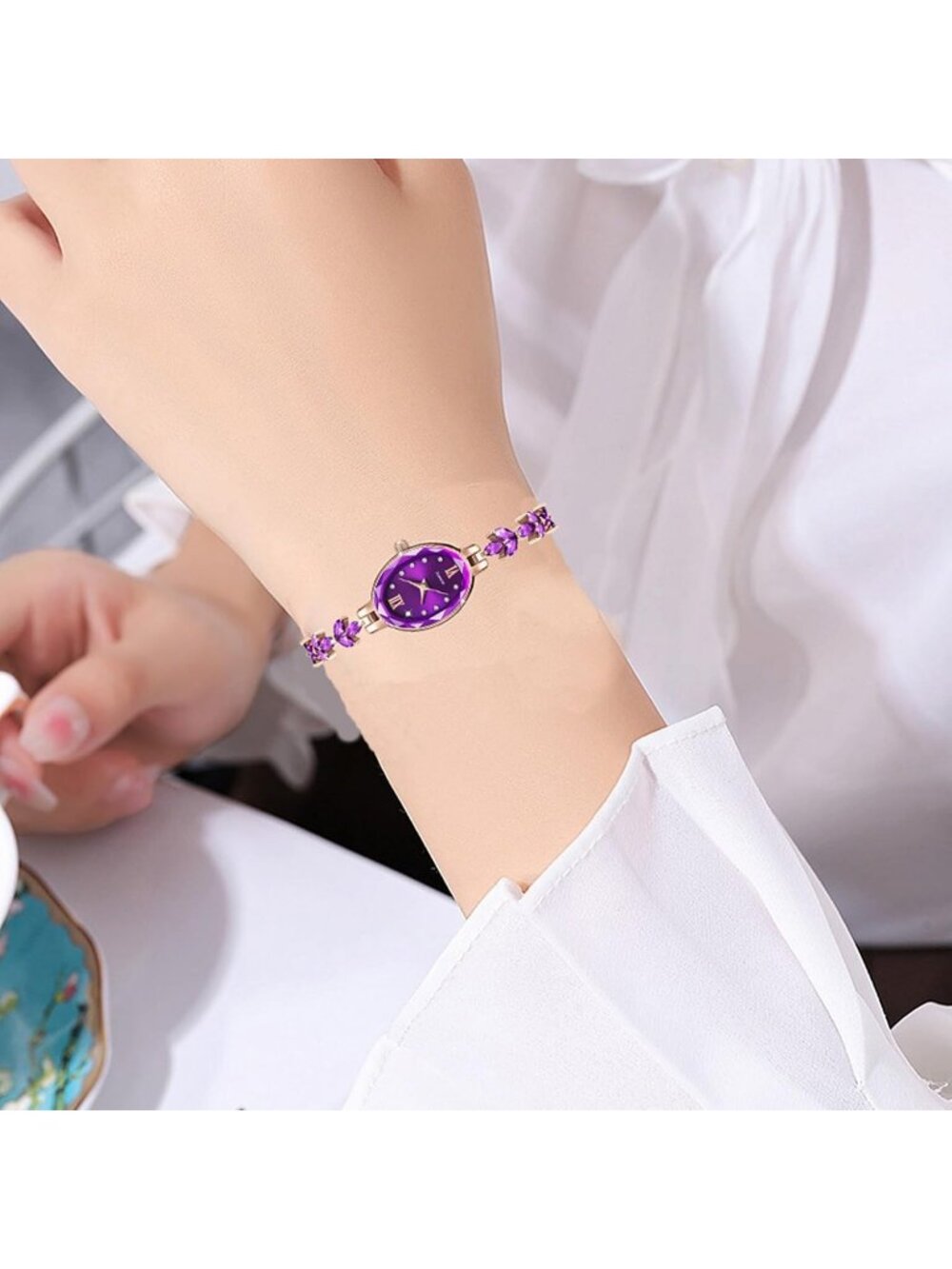 Women's Purple Luxury Petal Casual Bracelet Simulated Quartz Elegant Wrist Watch - Picture 4 of 6